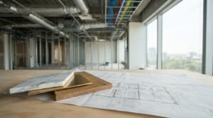 Architectural floor plans with material sample swatches of white veined marble, brushed brass, and oak wood on a workbench inside a commercial office undergoing interior framing and renovation