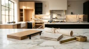 Kitchen renovation material samples including a natural wood block, matte black bar handle, ceramic tiles, blueprint scroll, and vintage brass tape measure on a marble island