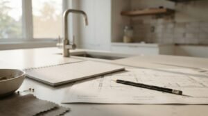 Kitchen renovation project timeline planning setup with a wire-bound calendar planner, pencil, and floor plan blueprint on a white countertop