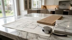 Luxury kitchen renovation planning with architectural floor plans, marble countertop sample, wood flooring sample, and measuring tape