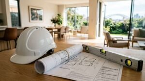 Construction planning documents with white safety hard hat, rolled architectural blueprints, and spirit level on a wooden table inside a modern luxury home renovation project