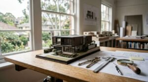 Architectural scale model of a modern house on a drafting table with blueprints and design tools in an architect's studio
