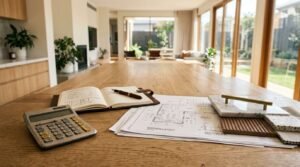 Home renovation budgeting with calculator, architectural plans, and material samples on a modern dining table