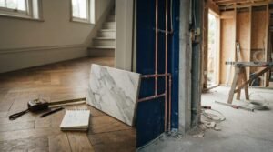 Split comparison showing finished herringbone parquet flooring with design planning tools on the left and exposed construction framing with copper pipes on the right