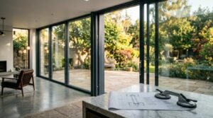 Modern home extension with floor-to-ceiling sliding glass walls, open-plan living space, and seamless indoor-outdoor connection to a landscaped garden