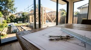 Architectural blueprints and drafting tools overlooking a residential home construction site through large windows