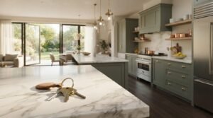 House keys on a brass ring sitting on a marble island in a modern sage green kitchen with stainless steel appliances