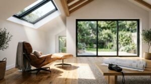 Modern home extension interior with vaulted ceiling, skylight, large sliding glass doors, and open-plan living space filled with natural light