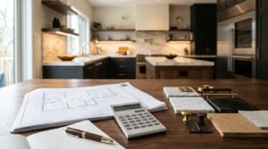 Home renovation budget planning with calculator, architectural blueprints, material samples, and modern kitchen remodeling project
