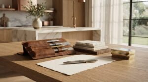 Leather pencil case roll with drafting pens and scale ruler next to stone swatches and a pen on handmade paper on an oak desk