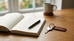 Open blank notebook with a pen, house key with leather keychain, and coffee mug on a wooden desk near a window