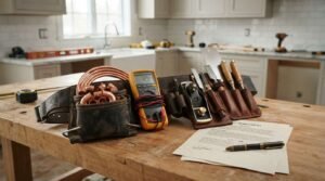 Contractor tool belt with digital multimeter, copper pipes, hand chisels, and signed work agreement contract on a wooden workbench in a kitchen under renovation