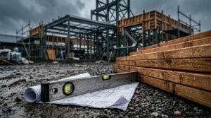 Construction site with steel framing, timber stacks, blueprints, and a spirit level on wet ground under a cloudy sky