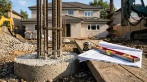 Concrete pier foundation construction for a home extension with reinforced rebar, architectural plans, spirit level, and drilling equipment