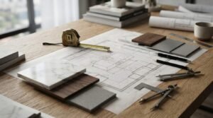 Kitchen floor plan layout blueprint on a wooden desk with marble, wood, and tile material swatches, drafting compass, and tape measure