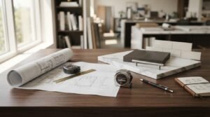 Architectural blueprints with tape measures, marble slab, dark cabinet swatch, and white subway tile on a dark wood design studio desk
