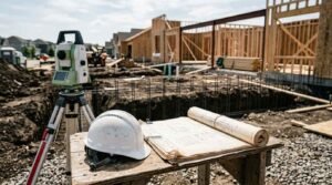 Construction site surveying equipment with hard hat, blueprints, and total station for foundation layout
