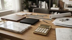 Renovation material selection flat lay featuring marble, granite, and wood samples with floor plan blueprints and a calculator on an oak desk