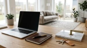 Home renovation financing workspace with laptop, notebook, house keys, and modern door hardware sample on a wooden desk