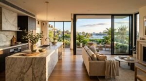 Modern luxury open-plan living room and marble kitchen with panoramic Sydney Harbour view
