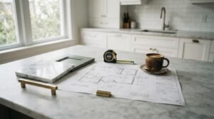 Kitchen design planning mood board on a marble island with architectural blueprints, sage green cabinet swatch, marble sample, brass pull hardware, and coffee cup