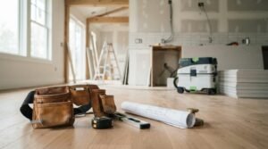 Contractor leather tool belt, blueprints, level, and tape measure on modern hardwood flooring at an active home renovation job site