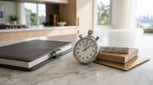 Kitchen renovation planning with project planner, stopwatch, marble countertop sample, and wood material swatches in a modern contemporary kitchen