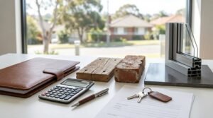 Home renovation budget planning with calculator, house keys, window frame sample, reclaimed wood, and brick material samples on a modern workspace