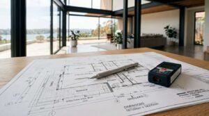 Modern house floor plan with laser distance meter and pen on architectural blueprint