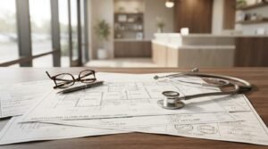 Architectural floor plans with a stethoscope and eyeglasses on a desk inside a modern veterinary clinic reception area