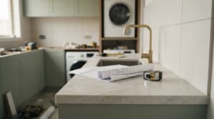 Laundry room renovation with architectural plans and a tape measure on a quartz countertop beside a brass faucet and built-in washer dryer