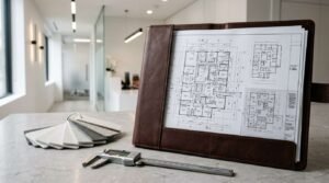 Leather portfolio displaying dental clinic floor plans on a countertop with material samples and a digital caliper inside a modern dental office