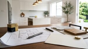 Kitchen renovation plans with material samples and architectural blueprints in a modern home