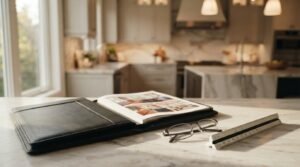 Contractor portfolio binder opened to kitchen renovation photos with reading glasses and architectural scale ruler on a marble countertop