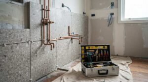 A bathroom under renovation showing newly installed grey terrazzo wall tiles with tile spacers, exposed copper plumbing pipes, and an open aluminum toolbox filled with hand tools on a drop cloth