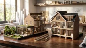 Two architectural cutaway house models on a wooden table with blueprints and drafting tools in an architecture studio