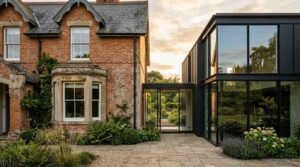 Modern glass home extension seamlessly connected to a traditional brick heritage house