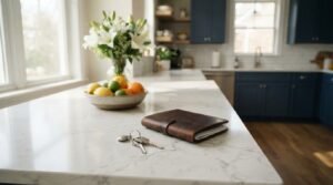 House keys on a key ring resting next to a brown leather planner journal on a white marble countertop in a bright kitchen with navy cabinetry