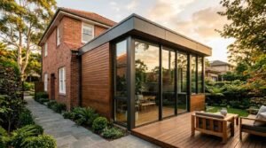 Modern home extension with floor-to-ceiling glass windows and timber cladding on a brick house