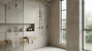 A minimalist walk-in shower featuring beige limestone large-format wall tiles, a chrome dual rainfall shower fixture, a recessed niche, a wooden floating bench, and a linear floor drain next to a tall window