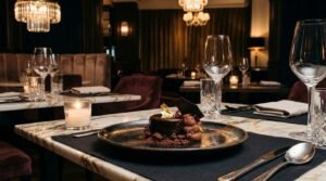 A gourmet chocolate mousse dessert topped with edible gold leaf and a chocolate shard, served on a black ceramic plate beside a glowing votive candle on a marble restaurant table