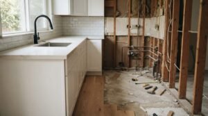 Side-by-side comparison of a finished modern white kitchen remodel and an exposed frame gut renovation in progress