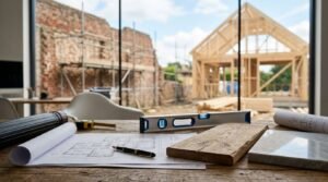 Whole home renovation project with architectural plans, construction tools, and timber house framing viewed through large glass doors