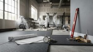 Gym renovation in progress with architectural blueprints, construction tools, rubber flooring, and covered fitness equipment