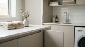 Modern laundry room with folded towels, a ceramic vase, custom cabinetry, and a built-in washer beneath a white countertop.