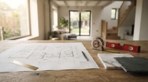 Architectural floor plan on a wooden table with measuring tools, level, pencil, and stone samples in a modern home renovation setting