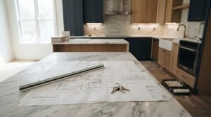 Architectural floor plans with a triangular scale ruler and set of house keys resting on a marble island in a modern kitchen undergoing renovation