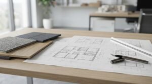 Architectural floor plan blueprints with an open fountain pen, scale ruler, and material samples of carpet, wood veneer, and acoustic felt on a modern wooden office desk