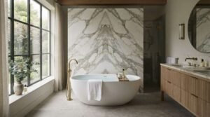 Luxury master bathroom with freestanding oval soaking tub, book-matched marble feature wall, floor-mounted brass faucet, fluted wood vanity, and black steel grid window