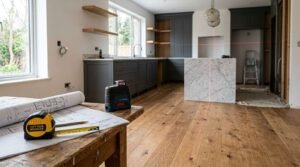 Modern kitchen renovation with architectural floor plans, laser level, tape measure, and marble island during home remodeling